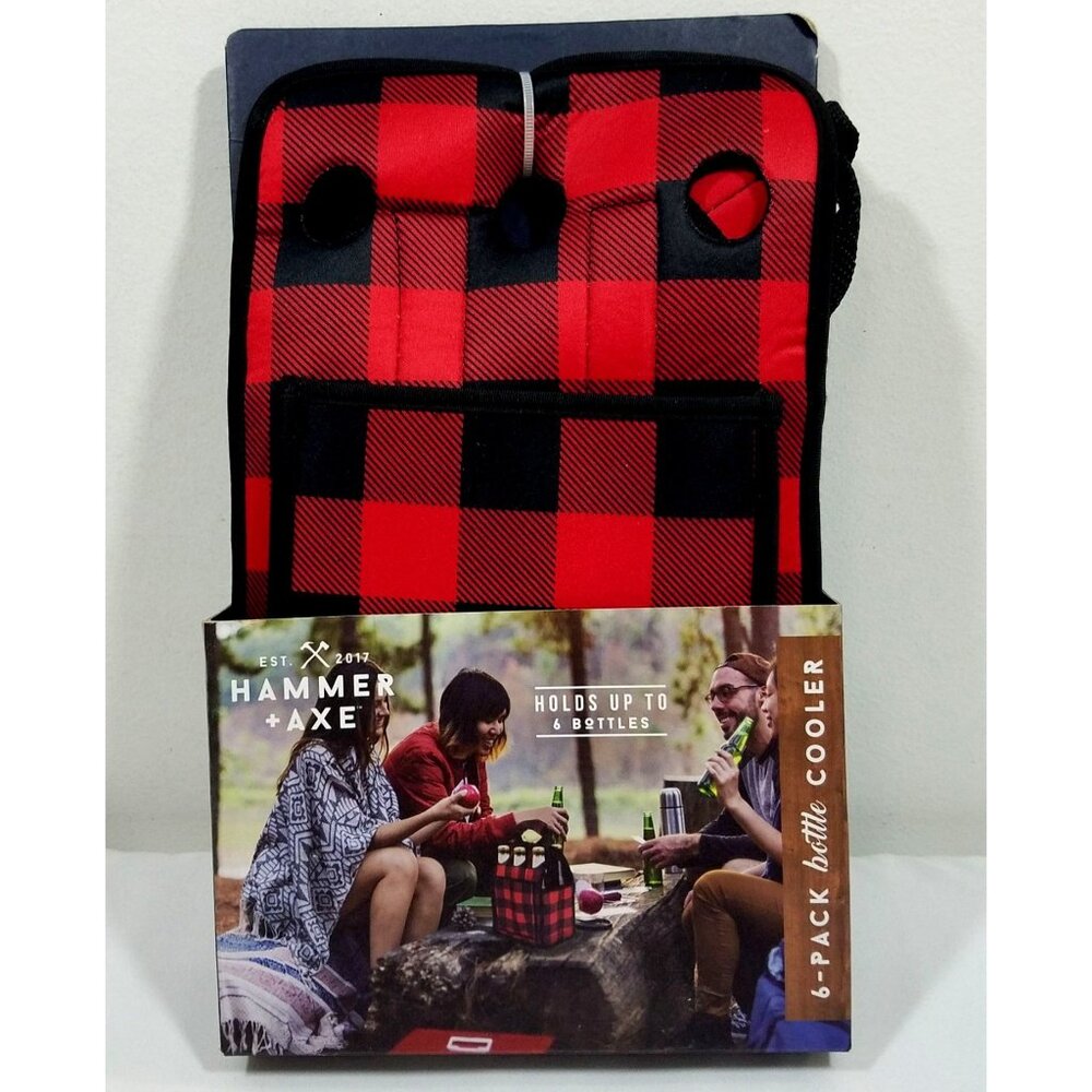 Hammer + Axe 6-Pack Bottle Cooler Carrier Insulated Red & Black Plaid Design